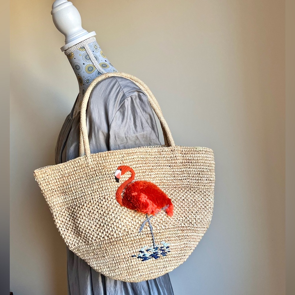 Handmade Raffia Tote Bag with Embroidered Flamingo - Picture 9 of 15